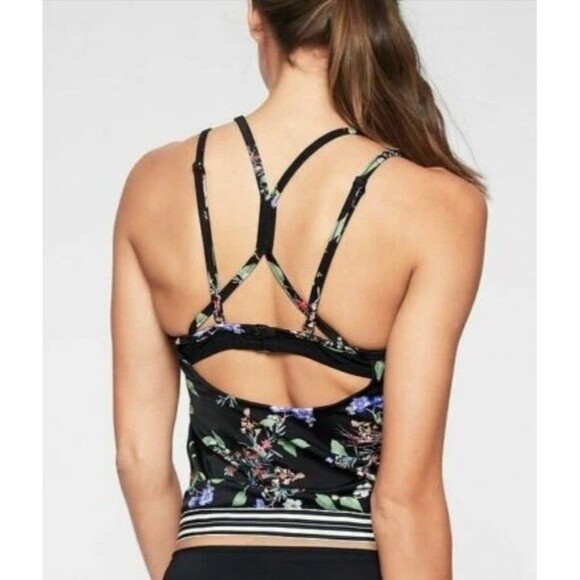 Athleta Gold Coast Black Floral Tankini Swim Top Size 36D/DD Blousy Banded Waist - Picture 4 of 11
